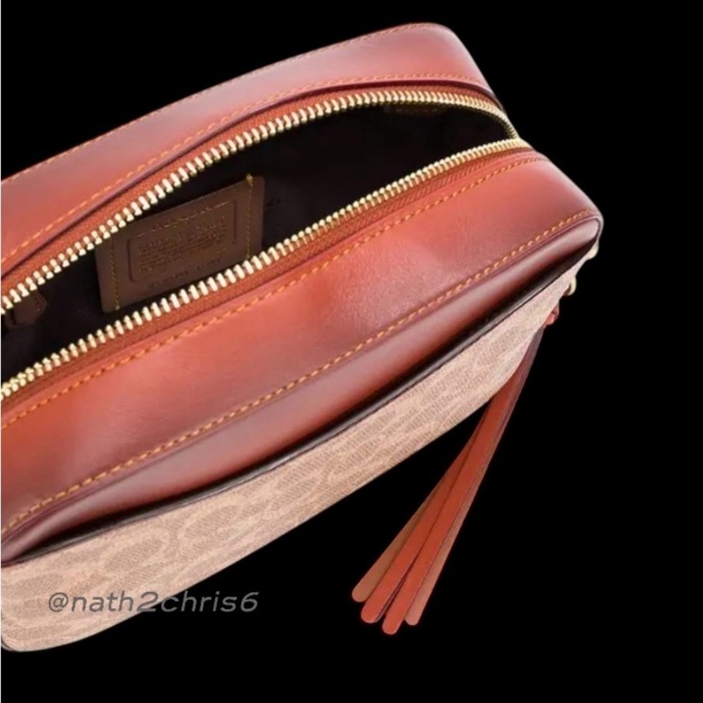 COACH Logo Print & Leather Camera Bag in Brown/Rust Burnished leather. - Picture 11 of 16